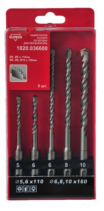 Набор буров SDS-plus ELITECH 5/6*110 6/8/10*160 5шт 1820.036600