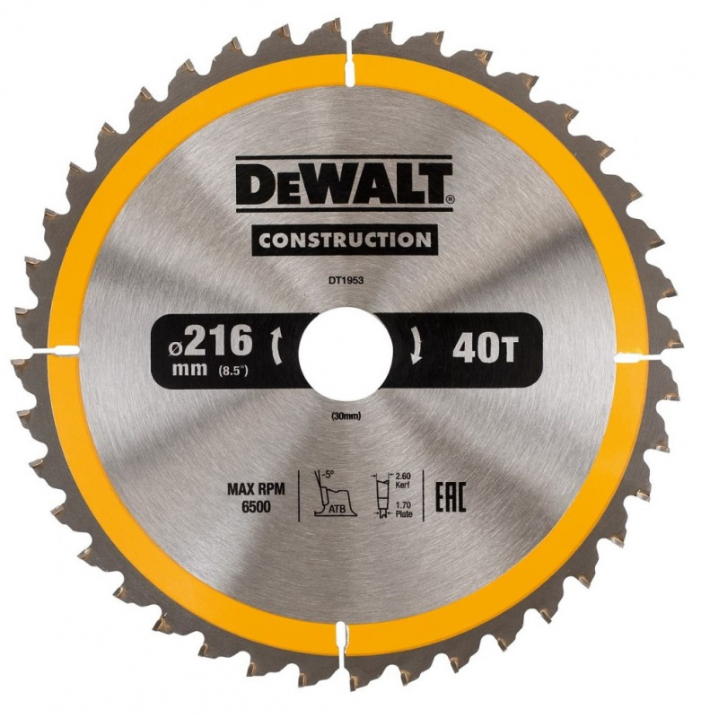Диск пильный DeWALT CONSTRUCTION 216*30*2.6 40t DT1953