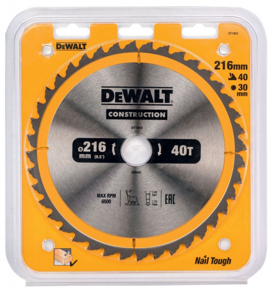 Диск пильный DeWALT CONSTRUCTION 216*30*2.6 40t DT1953