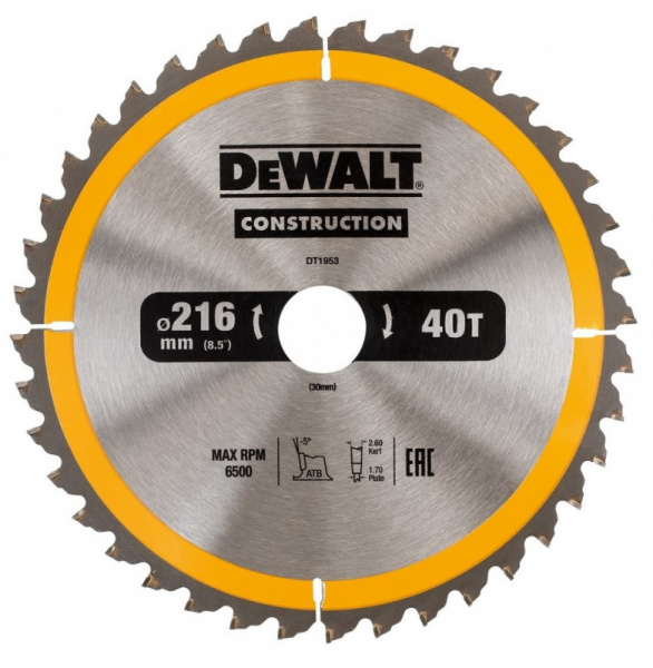 Диск пильный DeWALT CONSTRUCTION 216*30*2.6 40t DT1953